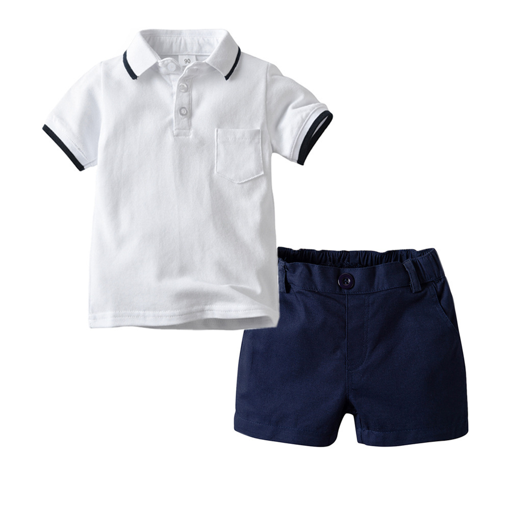 Amazon kids' white short sleeve polo shirt woven shorts two piece summer Lapel T-shirt shorts