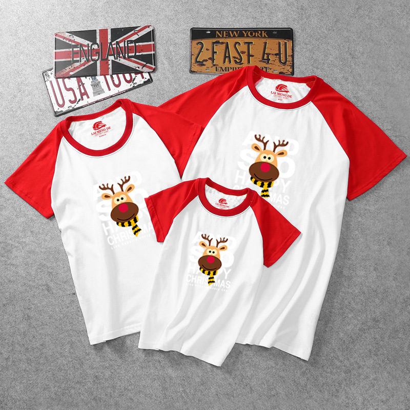 亲子装2019夏装纯棉短袖卡通印花儿童 t恤红色母女装春款一件代发