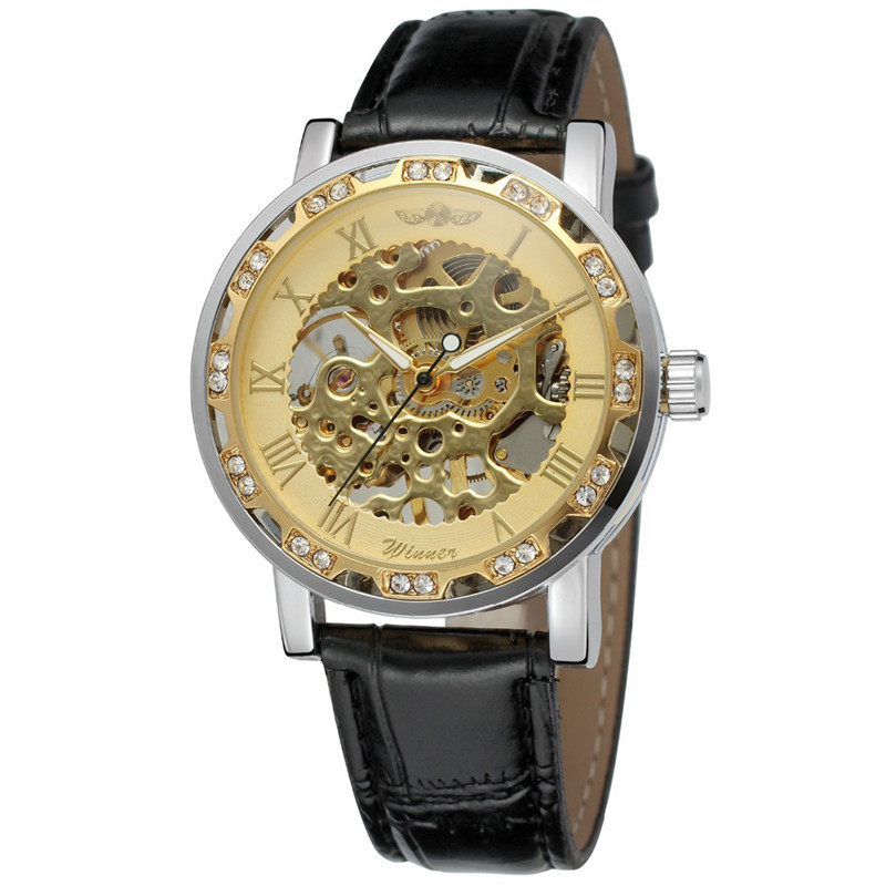 T-winner correa de los hombres reloj mecánico manual hueco transparente inferior moda reloj casual reloj mecánico 614