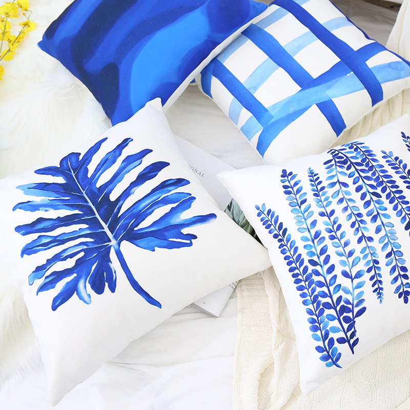 北欧蓝色现代简约加厚棉麻抱枕厂家批发订做方枕腰枕靠垫靠背枕头|ms