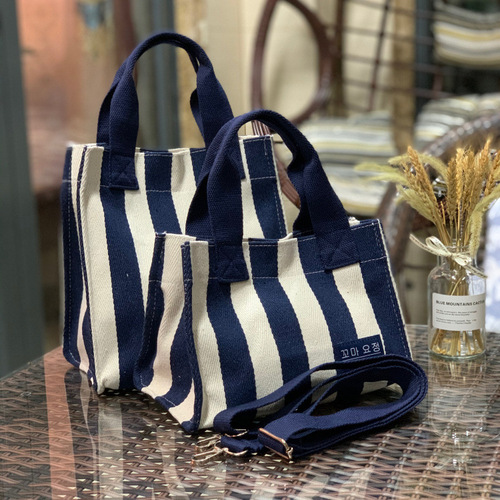 New Korean style simple striped canvas waterproof portable shoulder bag for women, environmentally friendly snack lunch bag, fashionable mommy bag