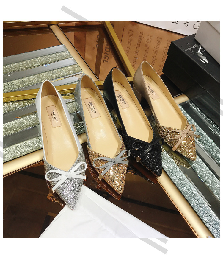 2026 Autumn New Women's Shallow Mouth Single Shoes, Pointed Toe, Color Block, Top Quality Sequin Bow, Mid-Heel, Chunky Heel_vogvips.com