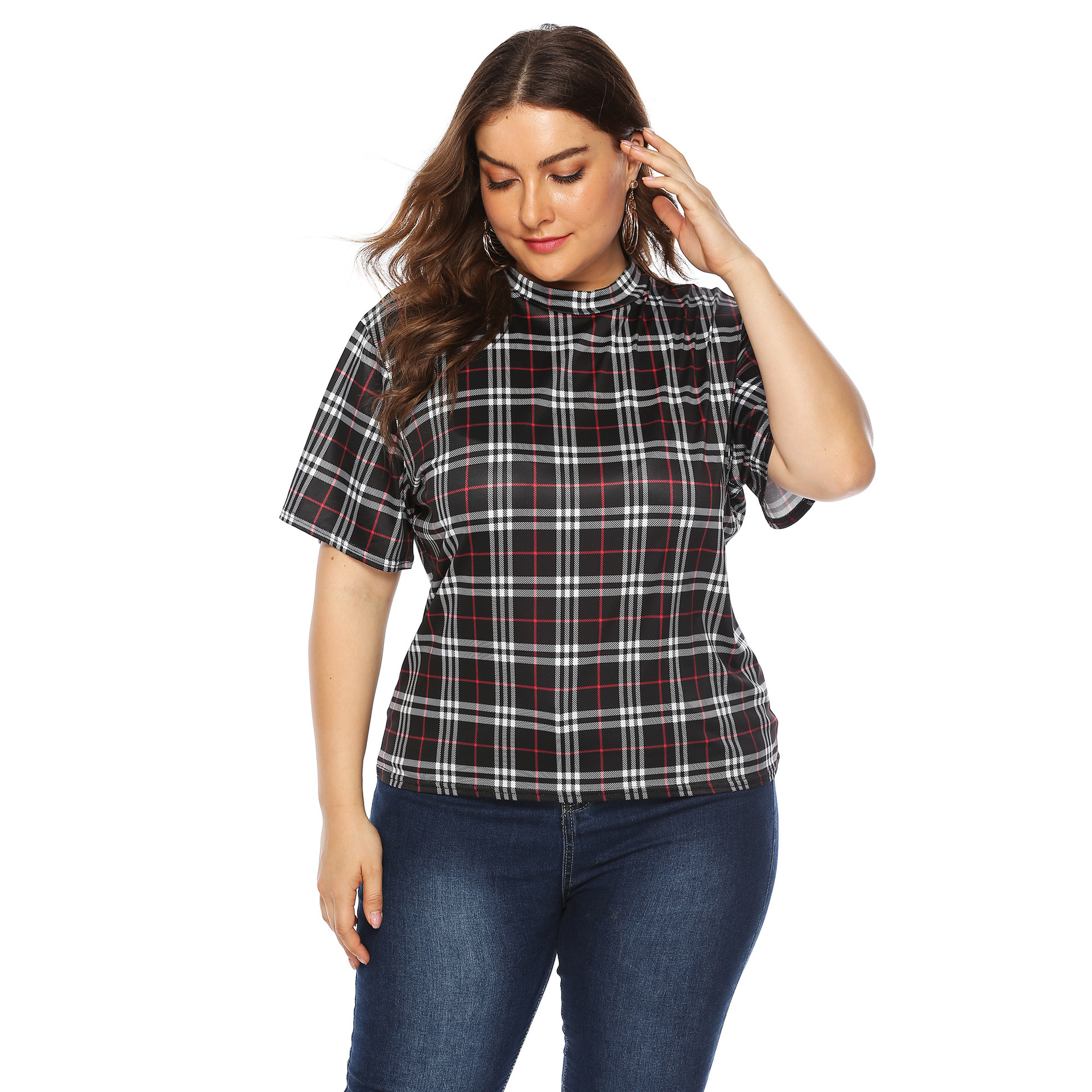 Plus Size Plaid Printed Loose Short-Sleeved Plaid T-Shirt NSOY27395