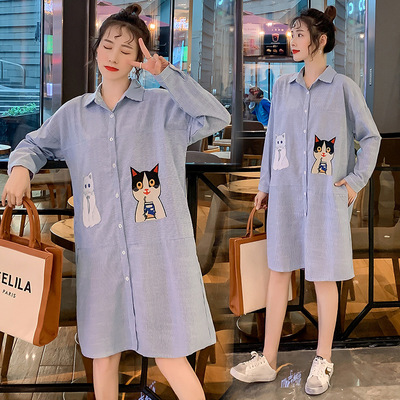 厂家批发韩版孕妇秋冬装上衣翻领条纹衬衫中长款孕妇连衣裙潮辣妈