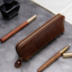 New retro fashion genuine leather pencil case Korean style simple stationery bag creative crazy horse leather personalized gift storage