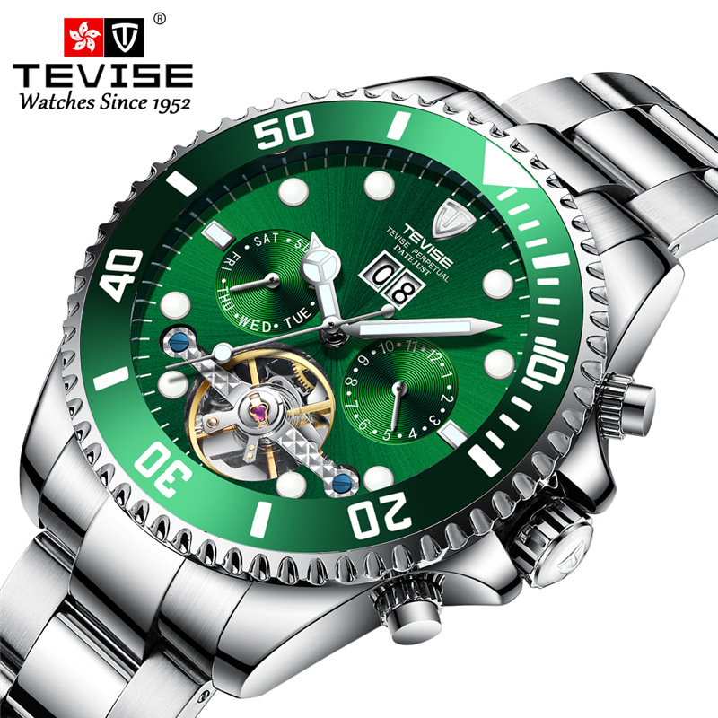 TEVISE reloj mecánico automático para hombre multifunción hueco luminoso impermeable transparente inferior reloj mecánico T823F