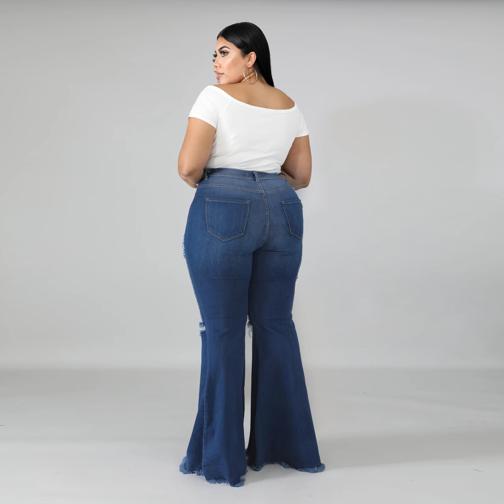 Holes Stretch Slim Plus Size Flared Jeans NSSF89989