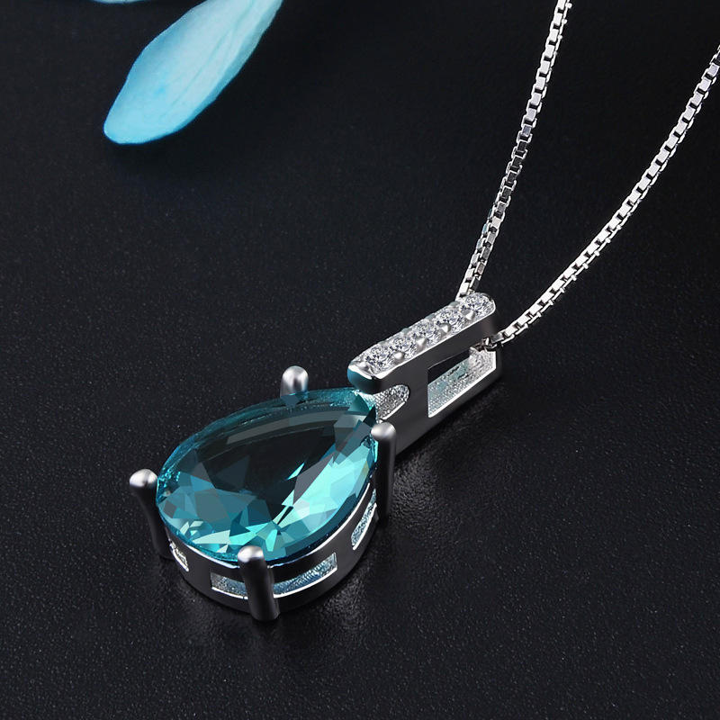 Zhenrong sintético azul cristal Topacio colgante gota de agua en forma de pera quilate collar europeo y americano plateado 925 Collar de plata para las mujeres