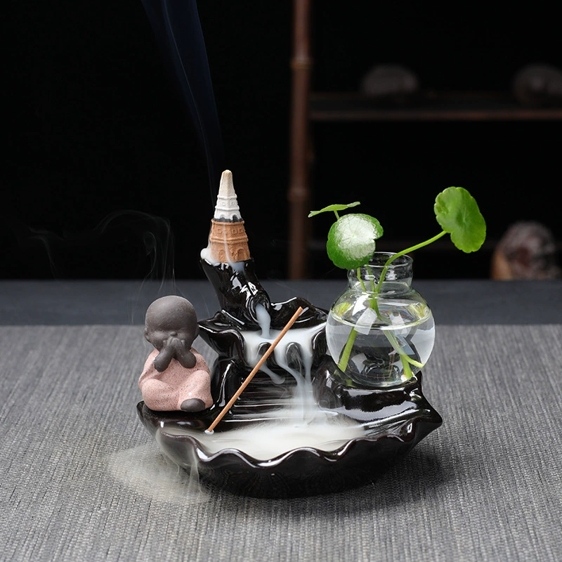  ceramic backflow incense burner (zisha) with xiao monk, flowing water design, home & office