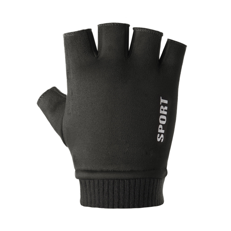 秋冬季麂皮绒半指保暖手套男士学生写字可触屏骑行开车露指手套