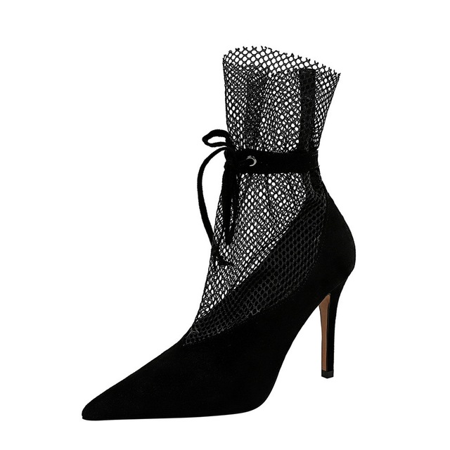 Europe and the United States sexy thin thin heel high V-shaped word mouth with lace mesh hollow deep mouth women’s singl
