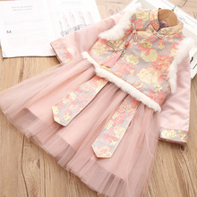 一件代發漢服女童唐裝冬款夾棉寶寶中國風古裝新年裙兒童棉衣套裝