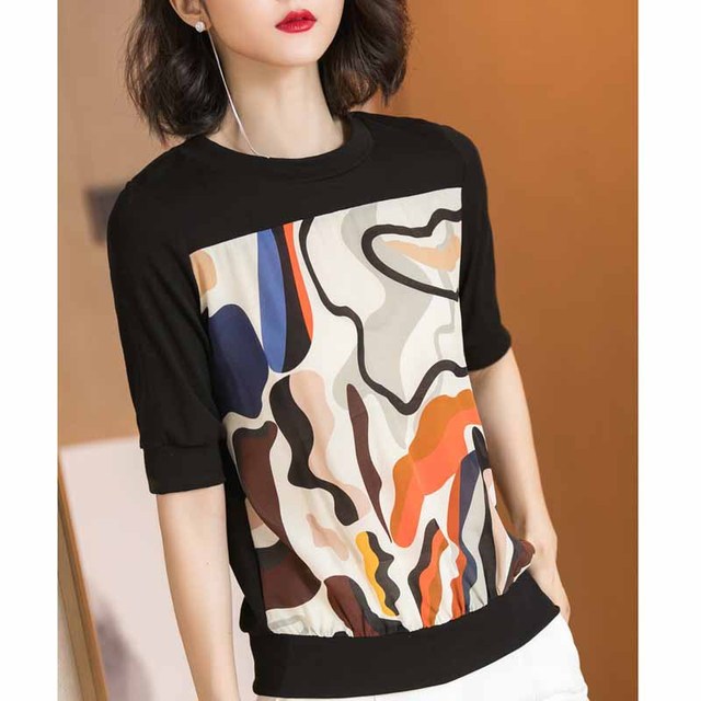 New Geometric Printing Silk Stitching Knitted T-shirt Top 