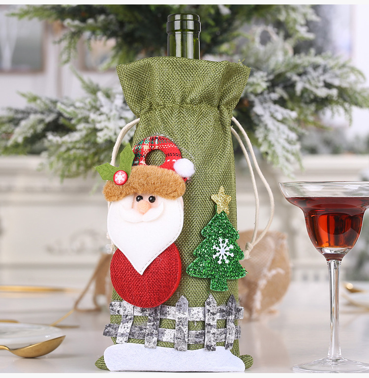 New Christmas Decorations Sackcloth Snow Cartoon Drawstring Wine Bottle Cover Lattice Doll Wine Bottle Bag Wholesale display picture 3