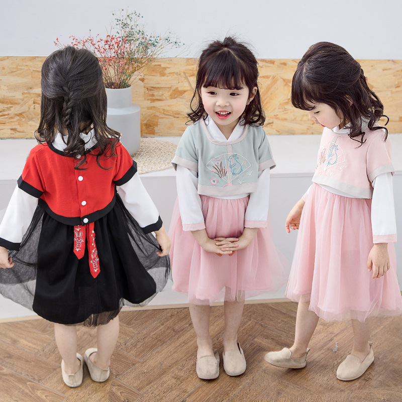 女童汉服连衣裙2019春季新品中国风宝宝复古唐装民族公主纱裙套装