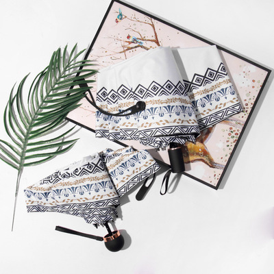 波西米亚女款百搭条纹卡通伞三折防风伞五折雨伞折叠超轻雨伞女士|ru