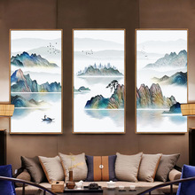 新中式客厅装饰餐厅挂画酒店背景墙三联画禅意水墨山水画书房壁画