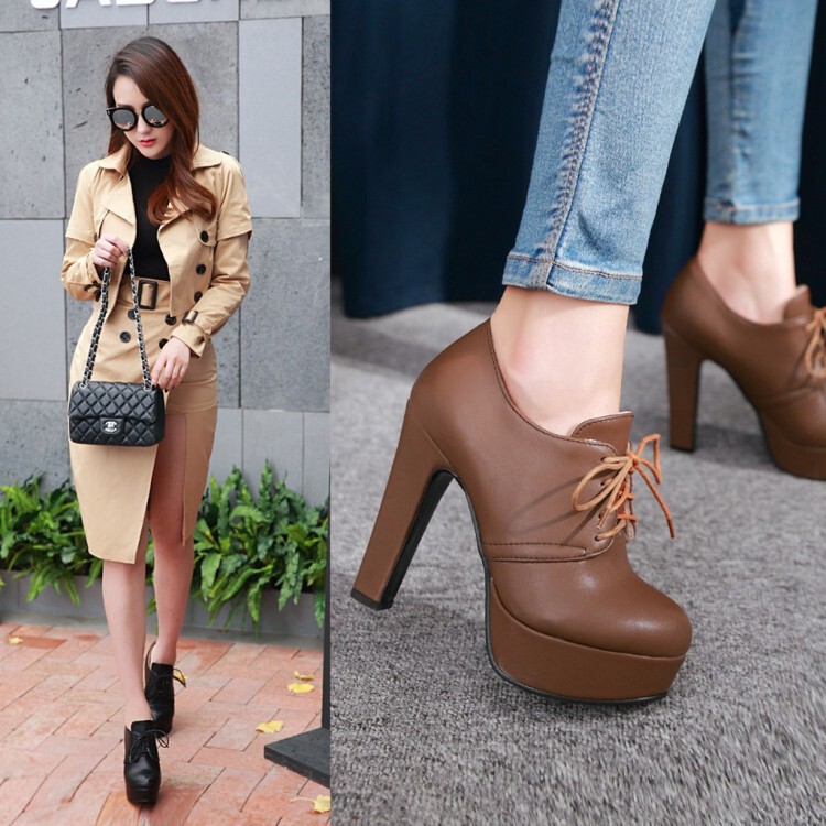 Korean-style lace-up thick heel shoes deep mouth high heel women's shoes large size 43 44 45 46 47 ultra high heel shoes