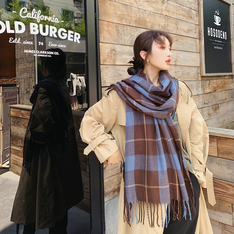 韩国东大门英伦格子围巾女秋冬季新款双面百搭仿羊绒披肩时尚百搭
