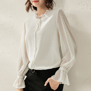 Autumn new micro-transparent jacquard chiffon shirt bottoming shirt 