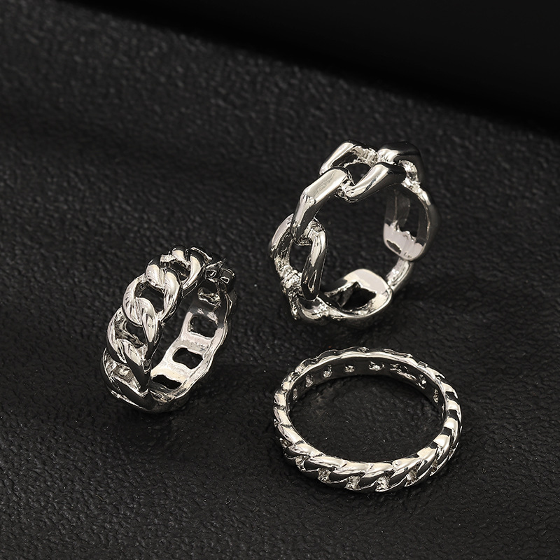 New Retro Punk Style Ring Silver Thick Chain Ring 3 Piece Set display picture 4