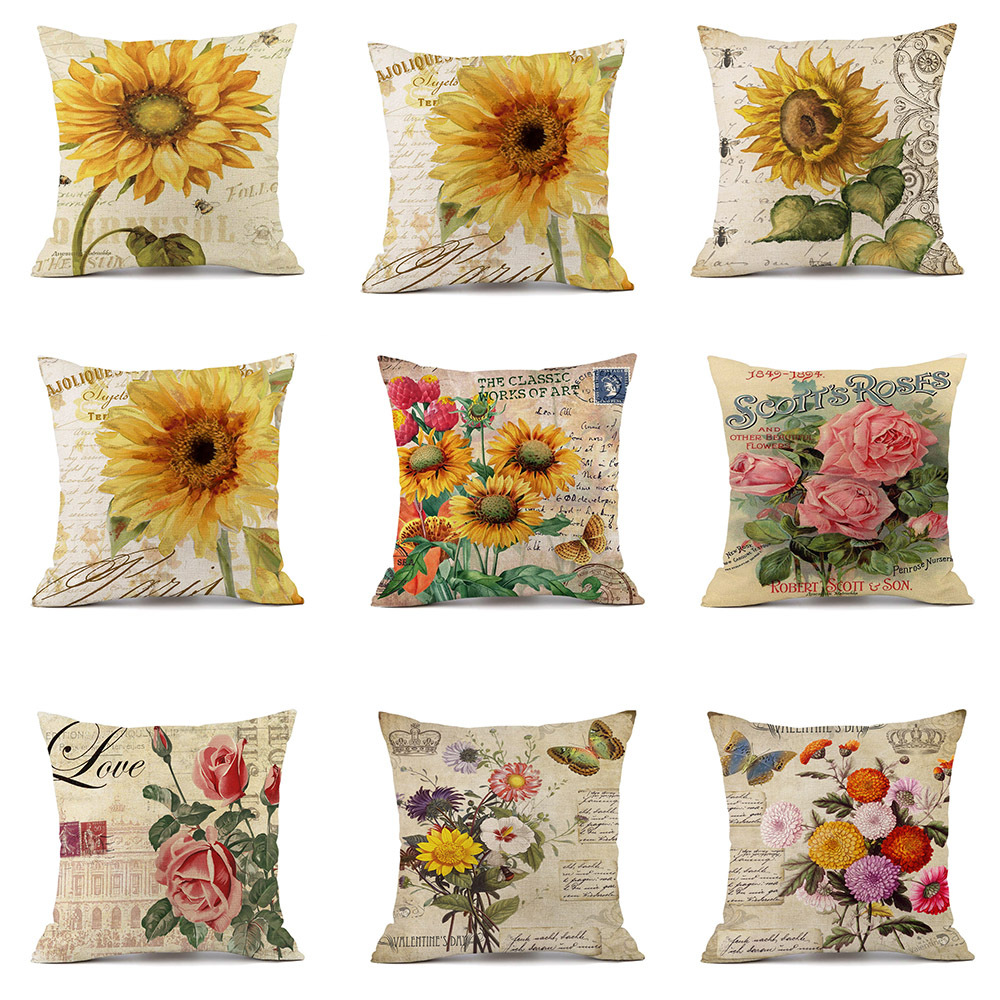 Pastoral Sunflower Linen Pillow Cases display picture 1