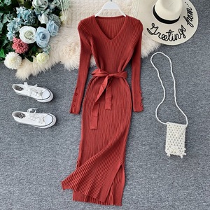 Mid length autumn winter knitted sweater bottomed skirt long sleeve slit skirt