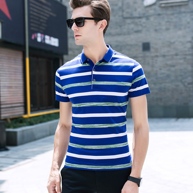 2019 summer mulberry silk T-shirt man Short sleeved Borneol Thin section Lapel middle age half sleeve fashion stripe Polo Sweater
