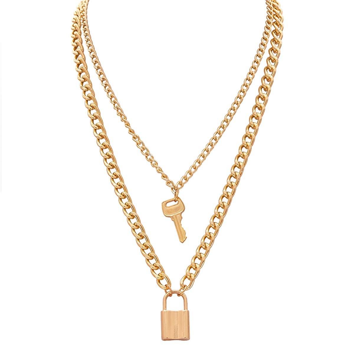 恒岚歐美跨境飾品創意時尚幾何元素百搭項飾複古鑰匙鎖形吊墜項鏈