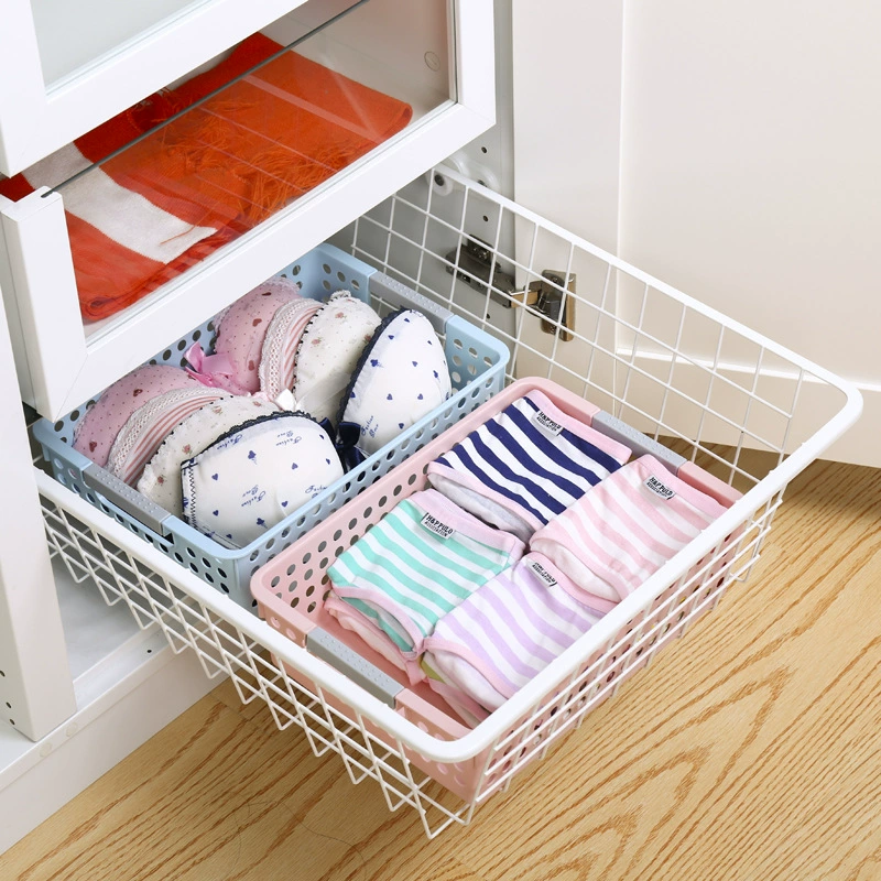 Rectangular plastic storage system, table storage basket