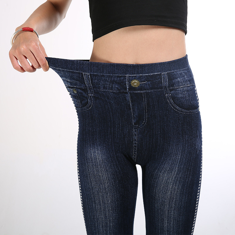 Kvinnors heta imitation denim hög midja leggings bomull mode sida prickiga byxor_voghion.com