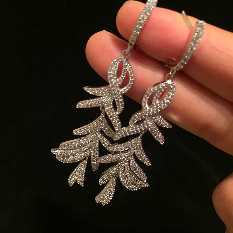 S925 Silver Needle Feather Earrings Super Flash Micro-inlaid Zircon Long Fringed Leaves Earrings display picture 4