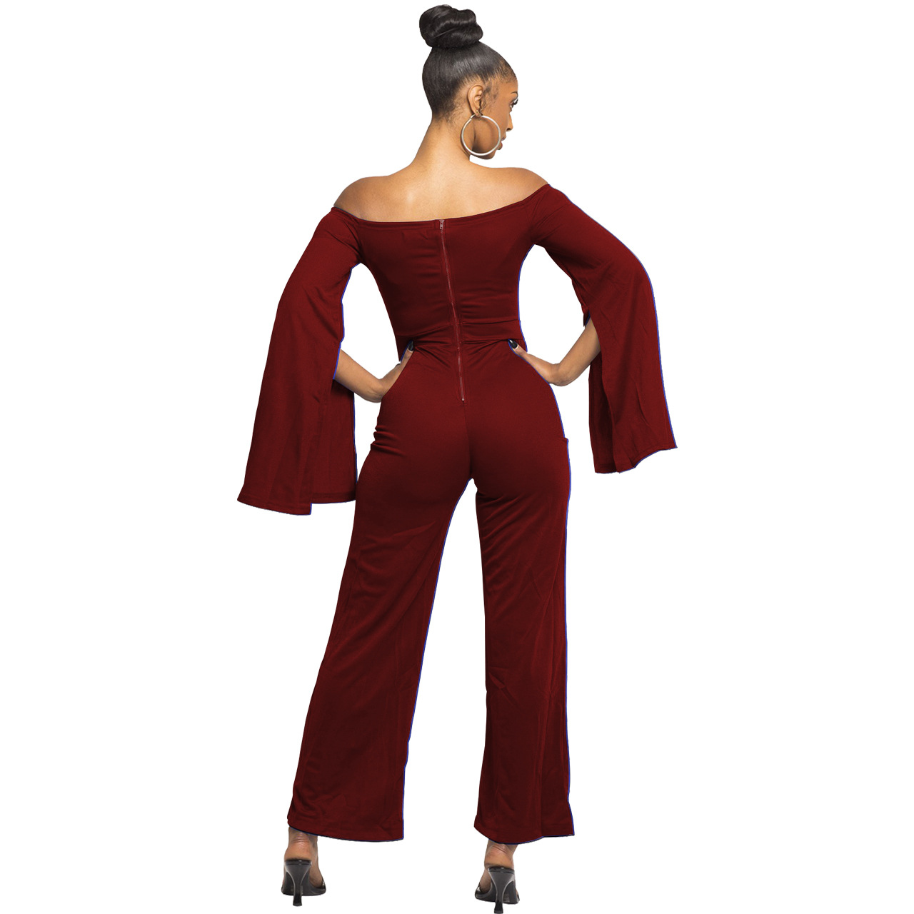 Boutique Casual Solid Color Long Sleeves Cropped off Shoulder Jumpsuit