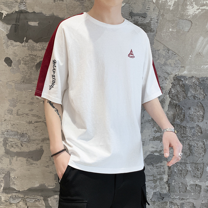 2019 new pattern summer Short sleeved T-shirt man Teenagers Base coat Korean Edition Embroidery Color matching Sleeve clothes