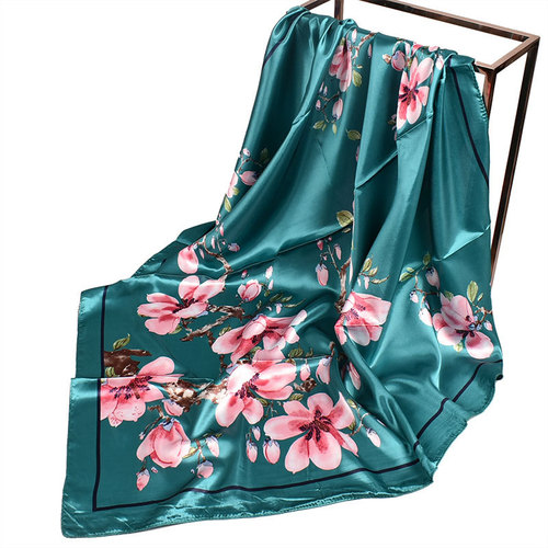  Spring New Shili Peach Blossom Satin 90*90 Square Silk Scarf Wholesale Women's Printed Scarf and Headband