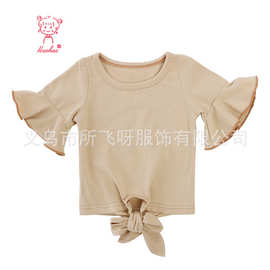 儿童棉夏装女童纯色圆领喇叭袖上衣时尚下摆打结中小童衣服