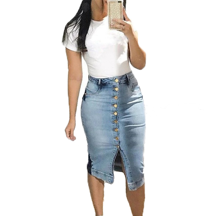 Explosive Women's Midi Skirt Buttocks Sexy and Thin Button Mid-length Denim Skirt