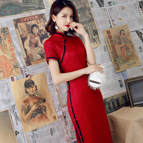 Red pink lace Chinese dresses retro qipao cheongsam  restoring ancient ways  show party host singer photos shooting dresses fashion women's clothing wholesale