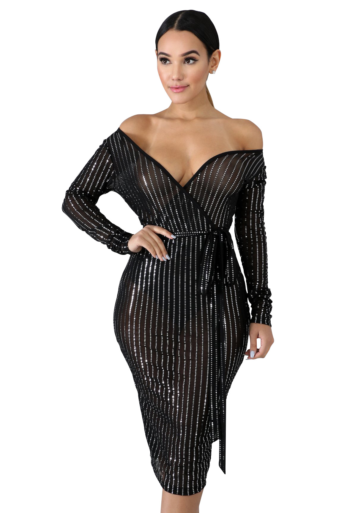 Solid color one word shoulder deep V net yarn see-through dress NSCYF80719