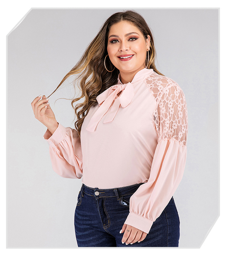 moda pajarita linterna manga encaje costura camisa de color sólido NSJR33345