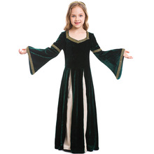 文藝復興復古中世紀女童服裝 歌舞劇舞台演出服墨綠色喇叭袖長裙