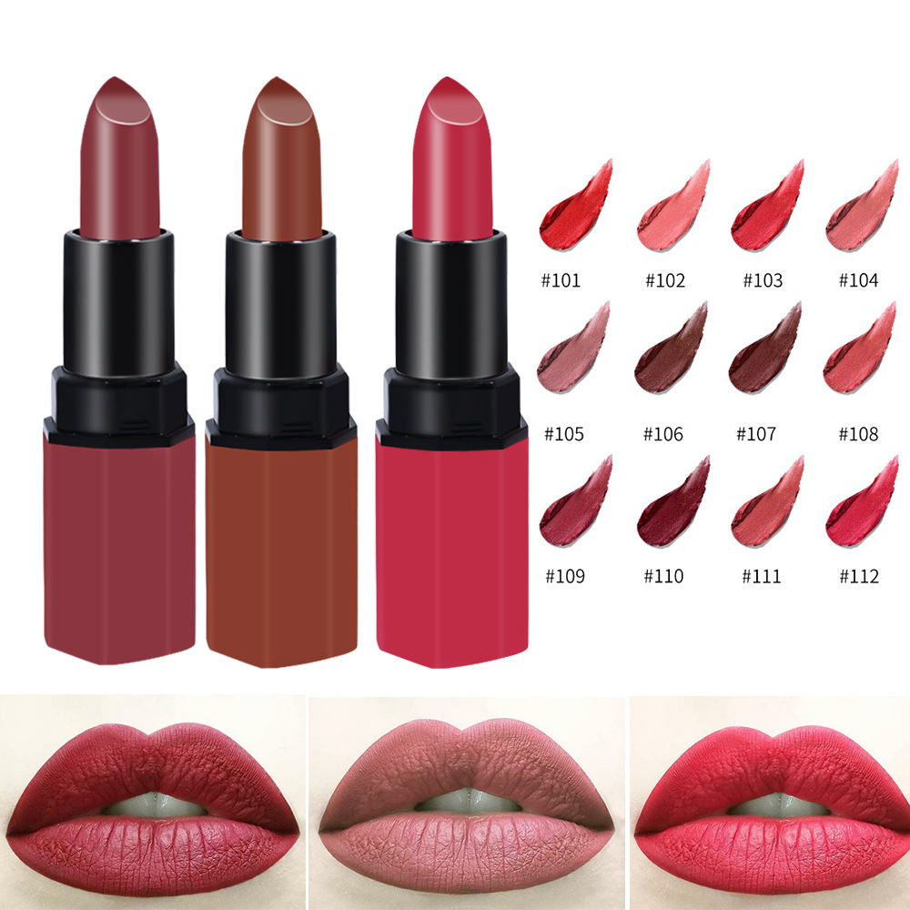 丝绒口红唇膏女 哑光12色雾面丝绒六角形管口红防水保湿咬唇