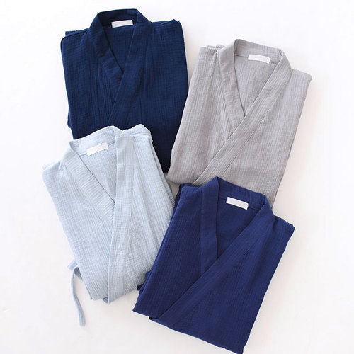 Cotton crepe kimono robe couple spring and summer thin cotton Japanese style lace-up robe loose breathable sweat steamer suit