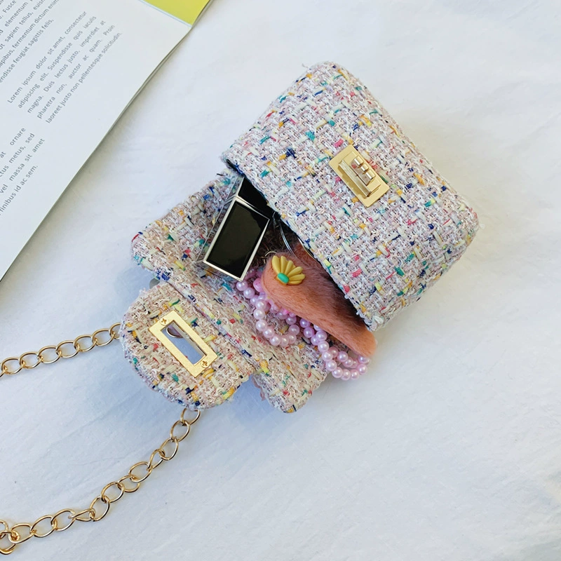 Children's One-Shoulder Bag, Small Tweed Floral Purse with Chain Strap, Cute Patterns