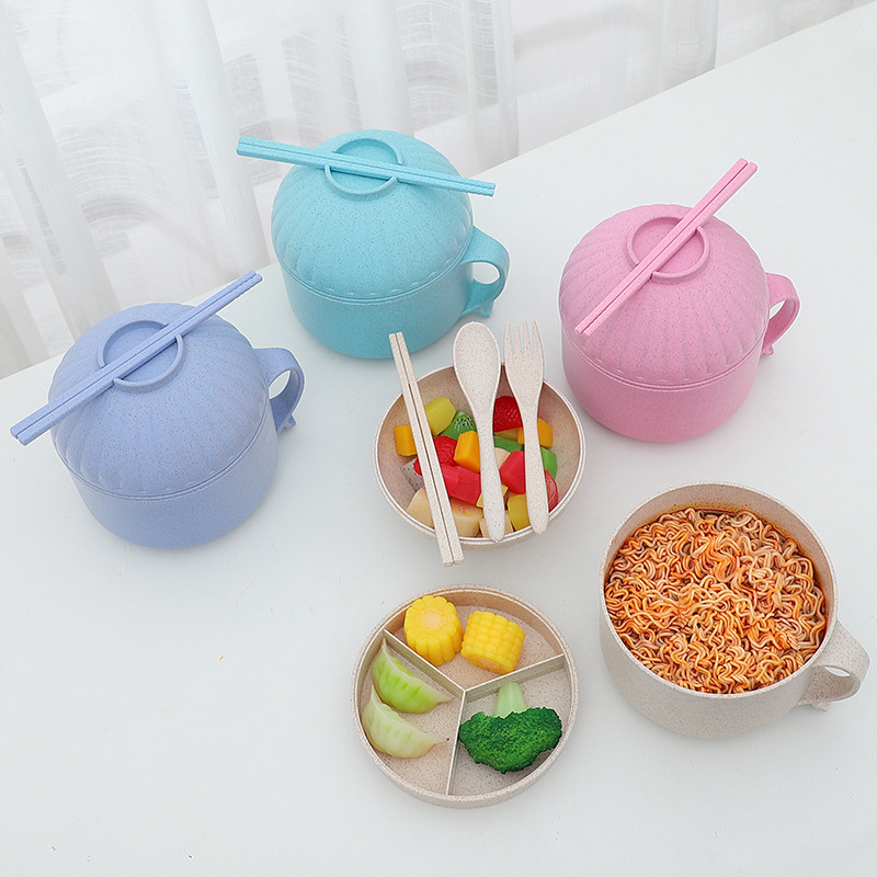 小麦秸秆泡面碗 学生便当盒 泡面杯带隔层日式方便面碗筷餐具套装