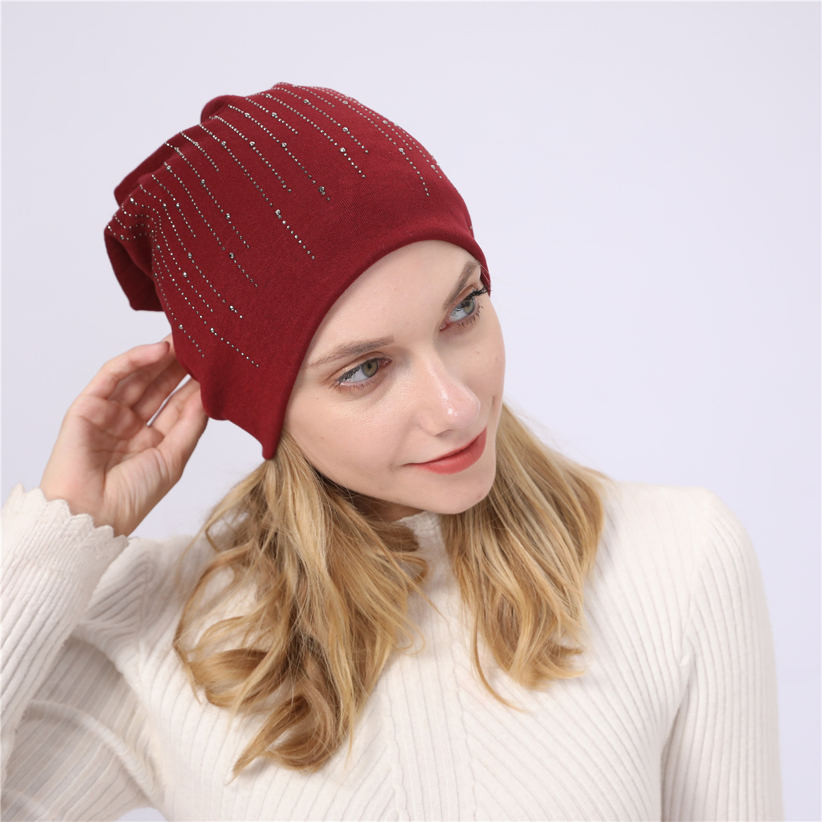 M965 nouveau automne/hiver Couple pull Double couche Imitation cachemire chaud diamant coton tissu chaud clair de lune chapeau_voghion.com