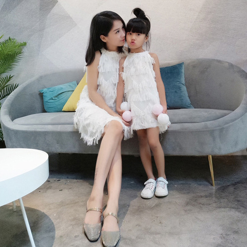 Parent-child summer clothing  new mother-daughter clothing tassel skirt Korean style princess skirt Western style long-sleeved girl dress