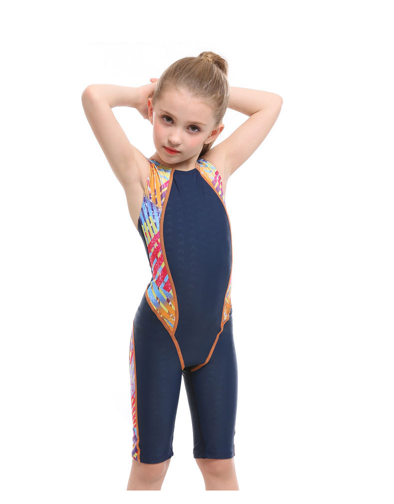 Kid Girls One Piece Swimsuit Training Competition Knee Length Bathing