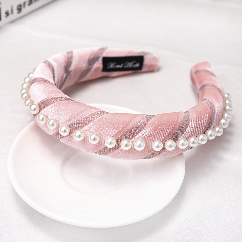 Korean New Style Velvet Sponge Pearl Hair Hoop Headband Solid Color Fabric Hair Accessories display picture 5