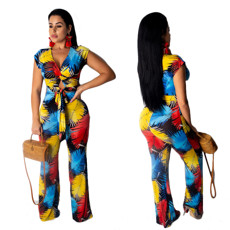 printed large size one word shoulder top & pants 2-piece set NSMYF68692